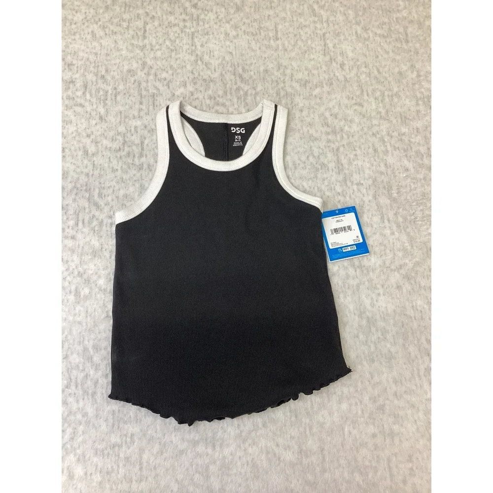 DSG Girls Black Cotton Rib‎ Tank Top Ringer Lettuce Hem XS 6-7 DAG15112
